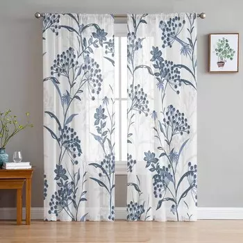Растительная текстура Фрукты Синие Оконные Тюль Шторы для Гостиной Спальни Отель Роскошные Украшения Прозрачные Шторы 135W x 114H(cm)