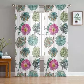 Plant Watercolor Succulent Window Treatment Tulle Modern Sheer Curtains for Kitchen Living Room the Bedroom Curtains Decoration W135 x H114cm