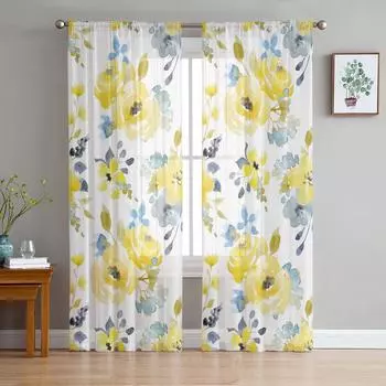 Plant Yellow Watercolor Flowers Sheer Curtains for Living Room Modern Voile Curtain Bedroom Tulle Curtains Window Drapes Decor W135 x H114cm