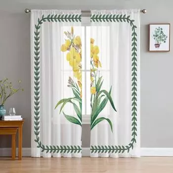 Plants Flowers Leaves Wallflowers Tulle Curtain Voile Transparent Tulle for Bedroom Living Room Kitchen Sheer Window Curtains W135 x H114cm