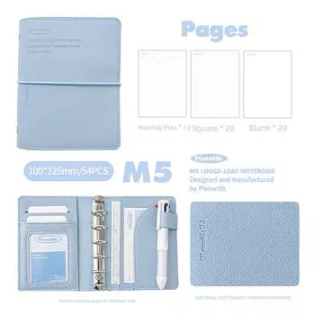 Planwith Notebook Book Soft Leather M5 Loose Spiral Notebook Good-looking Small Hand Account Portable Mini-Portable Notepad blue-blue