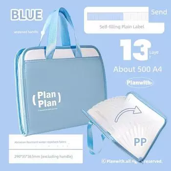 Planwith Portable Zippered Expanding File Folder Test Paper Cosmetics Bag File Holder Large Capacity A4 File Bag Portable blue blue
