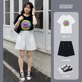 Plaque-sized Women s Summer Casual Suit Shorts High-waisted Wide-leg Fashionable and Versatile Capre Pants 2XL чёрный