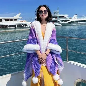 Плащ осенне-зимняя накидка для женской верхней одежды, свитер в полоску вязанной вязки One Size синий