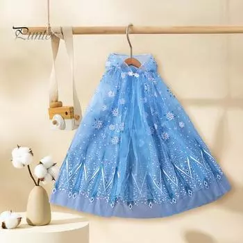 Плащ с капюшоном для девочек, звезда, снежинки, павлиньи перья, прозрачный тюль с рюшами, сценический костюм для косплея, детское платье, накидка принцессы, шаль небесно-голубой