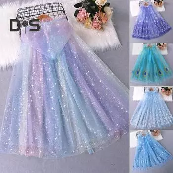 Плащ с капюшоном для девочек, звезда, снежинки, павлиньи перья, прозрачный тюль с рюшами, сценический костюм для косплея, детское платье, накидка принцессы, шаль небесно-голубой