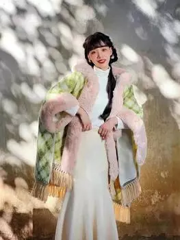 Плащ-шаль большого размера, свободный флис, утолщенный капюшон с меховым воротником, средняя и длинная шерстяная куртка 0135 # One Size