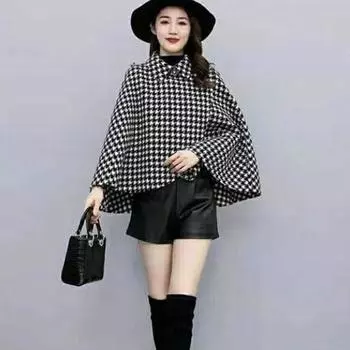 Плащ, шерстяная куртка, женские короткие накидки, новые свободные и универсальные модные накидки с длинными рукавами и узором «Тысяча птиц», женские топы XL чёрный