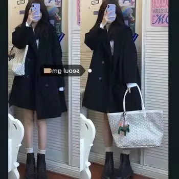 Плащ шерстяной пиджак женский Хепберн шерстяное пальто женская зимняя одежда маленький японский хлопок утолщенный черный пальто S