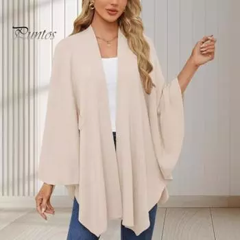 Плащ-топ женский однотонный цвет рукава летучая мышь стиль шаль пальто средней длины крест-накрест дизайн плащ стиль блузка слоновая кость