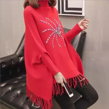 Плащ, вязаный свитер, пуловер, женский осенне-зимний пуловер с рукавами «летучая мышь», свободная шаль с кисточками, однотонный повседневный пуловер средней длины, пальто