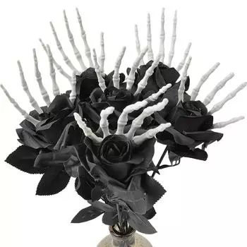 Plastic Black Artificial Roses with Skeleton Hands & Eucalyptus Leaves Halloween Spooky Skull Decorative Floral Bouquet Set