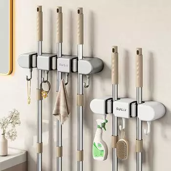 Plastic Mop Rack Organizer Multi-Purpose Bathroom Hooks Mop Wall Holder Rack Punch-free Broom Hanger Kitchen Storage