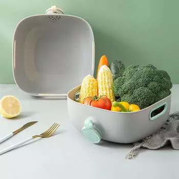 Plastic Rice Bowl Strainer Sealed Drain Basket Multifunctional Rice Fruit Sieve Colander Fruits зелёный