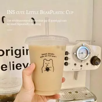 Plastic Straw Cup Large Capacity Handy Cup Drinking Coffee Milk Tea Drinks Summer Cartoon Bear Drinking Tools