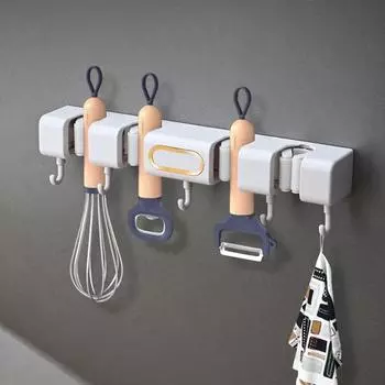 Plastic Wall-Mounted Mop Holder Punch-Free Waterproof Mop Broom Hanger with Hooks Space Saving Broom Storage Rack Bathroom белый
