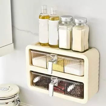 Plastic Wall Mounted Salt Seasoning Rack Self-adhesive Sealed Seasoning Bottle Storage Rack Wall-mounted with Spoons Spice Rack зелёный