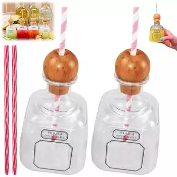 Пластиковая бутылка 375 мл с пробкой, многоразовые стаканы для ликера с отверстием для соломинки, прозрачный пластик для напитков, шампанского, вина, спиртных напитков, текилы, с соломинкой One Size