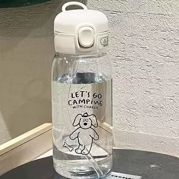 Пластиковая бутылка для воды, чашка для воды с соломинкой, простая портативная портативная чашка большой емкости, устойчивая к падению и портативная чашка, мультяшная присоска для льда 0.6L
