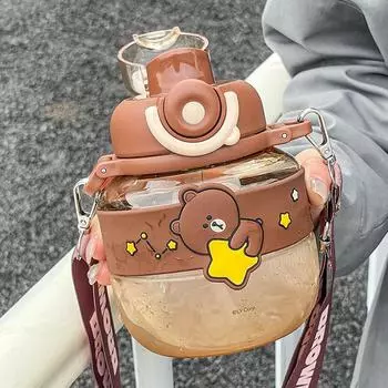 Пластиковая бутылка для воды Kawaii Bear для детей, студенческий большой живот, двойная соломенная чашка для напитков, большая емкость, школьный герметичный чайник 701-800ml