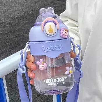 Пластиковая бутылка для воды Kawaii Rabbit для девочек с трубочкой и ремешком, прозрачная, портативная, герметичная, детская бутылка для воды, не содержит BPA Without 3D Stickers