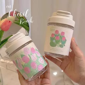 Пластиковая бутылка для воды Kawaii Tulip с крышкой и ремешком-соломинкой для девочек, симпатичная, 450 мл, чашка для кофе, сока, молока, портативная бутылка для питья 450ml