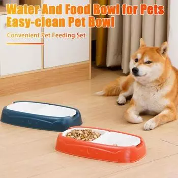 Пластиковая двойная миска для домашних животных, переносная, с защитой от переполнения, кормушка для воды, уличный противоскользящий диспенсер синий