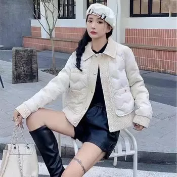 Пластиковая маленькая золотая пряжка 90 пуховик женский 2024 осень и зима новый свободный и тонкий маленький ароматный жакет M size 90-60kg белый