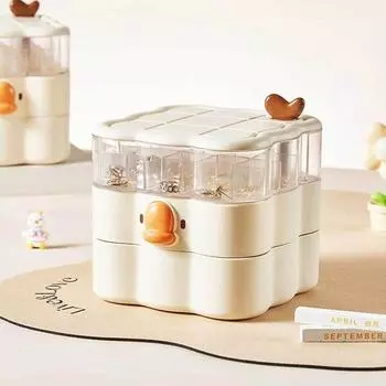 Пластиковая мультяшная вращающаяся шкатулка для украшений, большая вместимость, многослойная шкатулка для хранения украшений с крышкой, экономящая место бежевый
