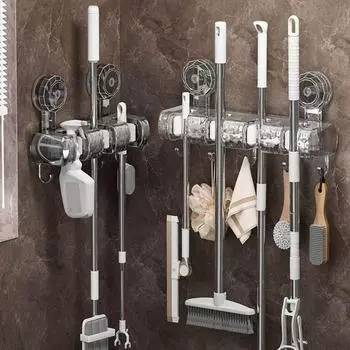 Пластиковая присоска для швабры с зажимом для швабры, стойка для хранения без перфоратора, прочный держатель для швабры на кухне Transparent-3 Clips