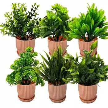 Пластиковые 6 штук Искусственные растения Маленькие, Мини Искусственные растения Комнатные Для Дома Фермерский дом Ванная Полка Декор(Высота : 17 см, Розовый)