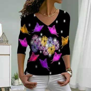 Пластиковые цветы принт женские футболки женские топы с длинным рукавом V-образный вырез пуловер женские футболки футболка для женщин XS зелёный