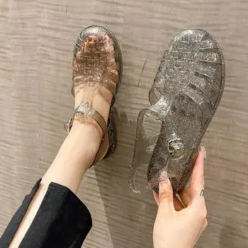 Пластиковые сандалии, женская летняя обувь, бесплатная доставка, Акция, женские повседневные прозрачные сандалии на плоской подошве, пляжная обувь Sandalias De Mujer 36 золотой