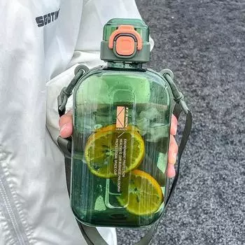 Пластиковые спортивные прозрачные квадратные стаканчики с отметкой времени и регулируемым ремешком, портативные герметичные бутылки для питьевой воды для использования на открытом воздухе 750ml чёрный