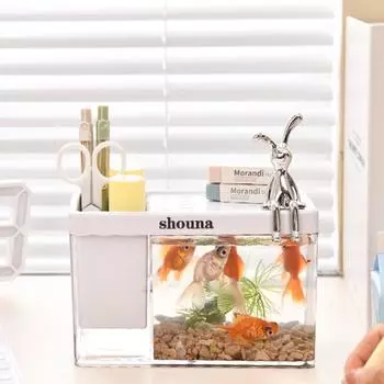 Пластиковый амфибийный экологический аквариум, маленький, с крышкой и украшениями в виде кроликов, многофункциональный прозрачный аквариум для золотых рыбок белый