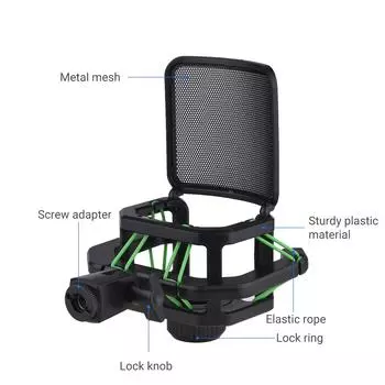 Пластиковый амортизатор для микрофона, антивибрационный держатель для микрофона, подставка с металлическим поп-фильтром, универсальный зелёный