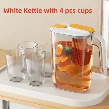 Пластиковый чайник для холодной воды емкостью 2,6 л с фильтром для фруктового чая с лимоном и 4 чашками из пищевого материала AS, бытовая посуда для питья белый