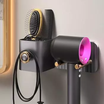 Пластиковый держатель для фена, настенная сушилка, держатель без сверления, органайзер для фена, ящик для хранения, держатель для туалетного вентилятора, полка для ванной комнаты чёрный