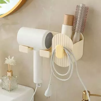 Пластиковый держатель для фена, самоклеящийся, без пробивки, держатель для фена, настенная полка с ящиком для хранения, подставка для фена белый