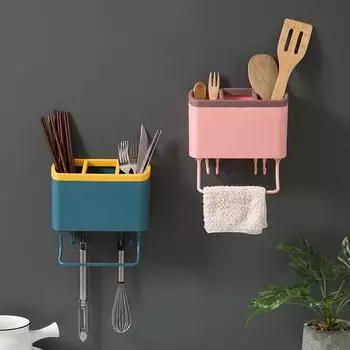 Пластиковый держатель для хранения вилок, ложек и палочек для еды, многофункциональные вешалки для полотенец, подвесная настенная полка для слива, кухонный органайзер, аксессуары синий