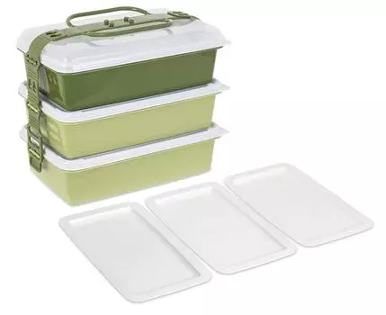 Пластиковый контейнер для пикника Sanko Bento Box с 3 тарелками, цвет Earth Green 116772 Ширина x Глубина x Высота 22 см примерно. 26,5 15,5