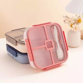 Пластиковый ланч-бокс 1000 мл, студенческий офисный контейнер для бенто, фруктовый контейнер с вилкой, дизайн с четырьмя отделениями, пригодный для микроволновой печи, пищевой контейнер
