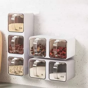 Пластиковый настенный ящик для приправ, настенный, без перфорации, водонепроницаемый контейнер для специй с ложкой, набор для хранения специй