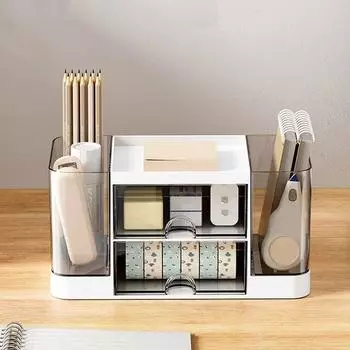 Пластиковый настольный органайзер с прозрачными регулируемыми разделителями, ящик для хранения канцелярских принадлежностей, вместительный держатель для ручек для общежития белый