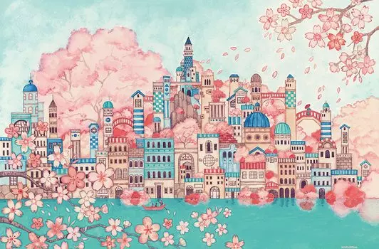 Пластиковый пазл Pintoo из 600 деталей Цветущая вишня и синяя краска Сложный для взрослых Нет деталей Нажмите, чтобы собрать [Noriko Nishimura_Old City] (31X45см)