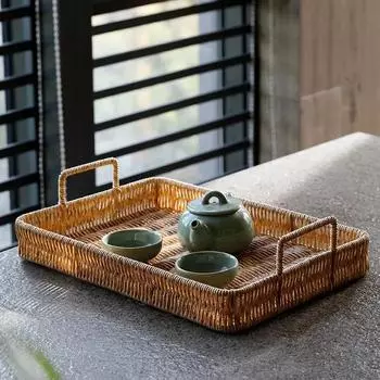 Пластиковый поднос для хранения с ручкой, плетеная корзина из искусственного ротанга, тарелка для всякой всячины, фруктовый поднос, поднос для чая, поднос для сервировки ужина