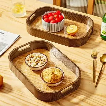 Пластиковый поднос для сервировки, имитация деревянного подноса для хранения, фруктовая десертная тарелка, поднос-органайзер для цветов бегонии в стиле ретро, поднос для чая