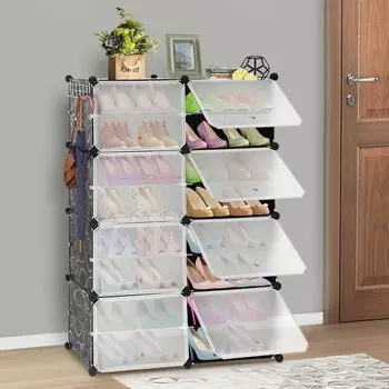 Пластиковый шкаф для обуви, 2x8-уровневая взаимосвязанная полка для обуви с прозрачной пылезащитной дверью, портативный органайзер для хранения, модульный органайзер для обуви
