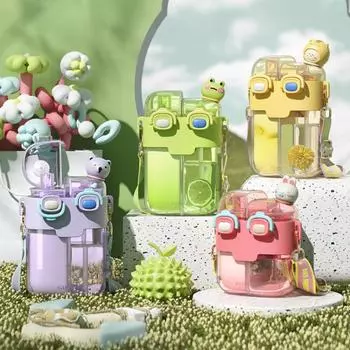 Пластиковый стакан для воды Rietjes с трубочками большой емкости, пластиковый детский чайник, симпатичный отсек, двойной стакан для питья, кроссбоди 530ml or 780ml