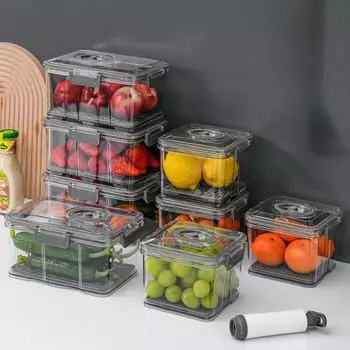 Пластиковый вакуумный ящик для хранения объемом 1,5/2,5/7,5 л поставляется с ручным насосом, герметичным для сохранения свежести, и контейнером для хранения с указанием времени хранения.